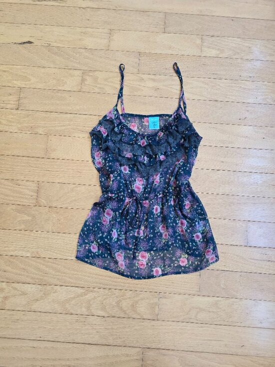 h.i.p. Tops - vintage Y2K cottagecore teal floral sheer ruffle romantic tank top  | WMS S